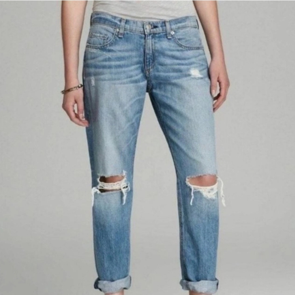 RAG & BONE Low Rise Relaxed Slung Distressed Rip Knee Boyfriend Denim Jeans Moss